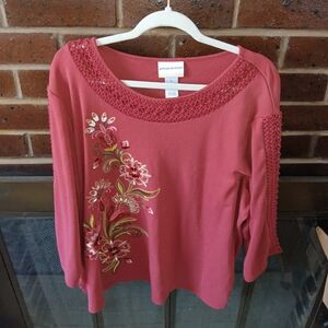 Alfred Dunner Women's Long Sleeve Floral Embroidered Blouse 2X